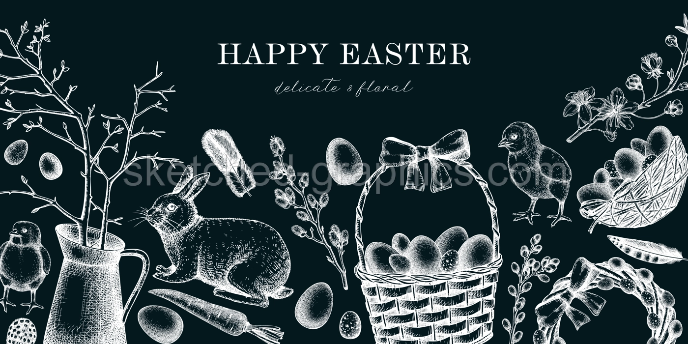 Easter banner design with cute characters and spring decor elements. Hand drawn bunnies, eggs, chickens, flowers and flowering trees background. Vector template with Holiday sketches on chalkboard Illustration